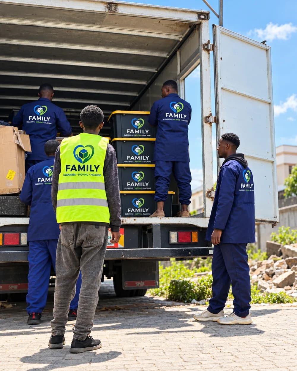 FAMILY moving crew loading organized containers into a truck
